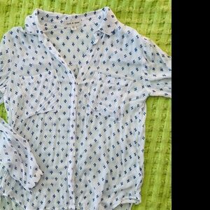 Cloth & Stone Rayon White Long-Sleeve Button-Down, Blue Design